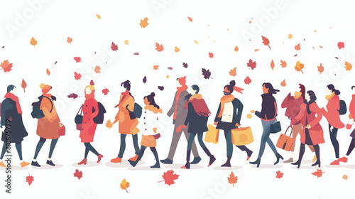 Crowd of tiny people dressed in autumn clothes or out