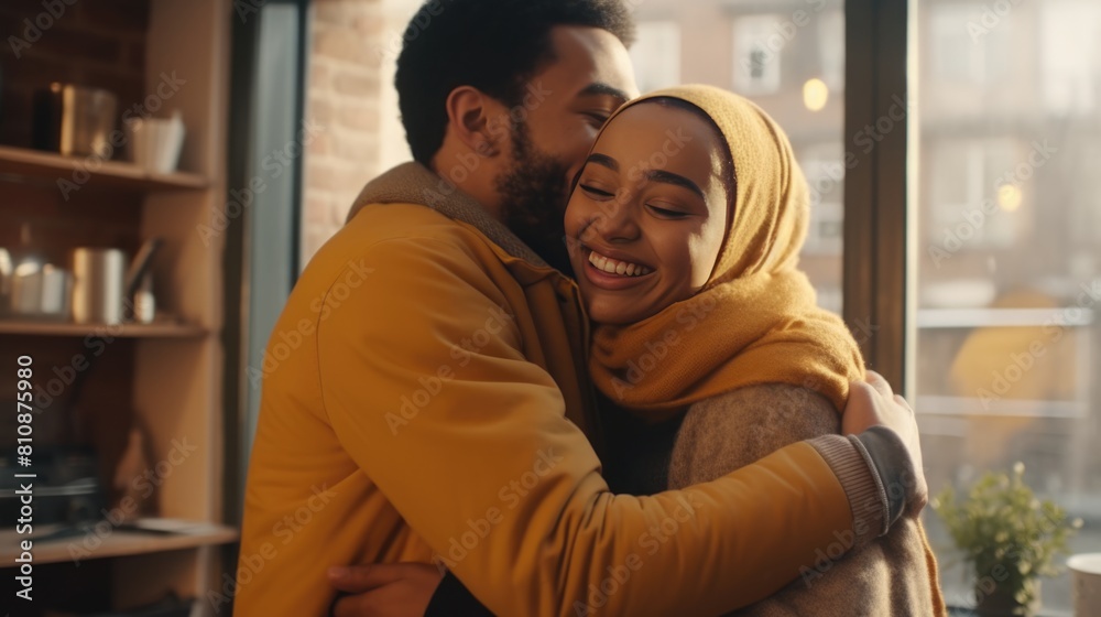 A Muslim man and woman hugging each other, showing affection and love Fictional Character Created By Generative AI. A Muslim man and woman hugging each other, showing affection and love Fictional Character Created By Generative AI.