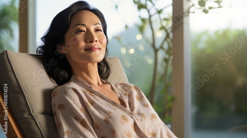 A woman enjoying a relaxing moment while sitting in a chair, with a serene expression on her face. Fictional Character Created By Generative AI. 