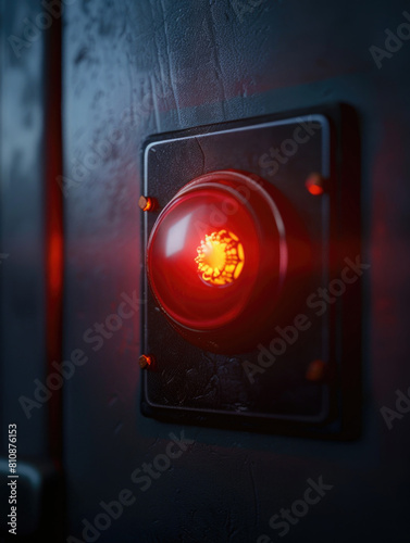 A red button with a yellow light is lit up. The button is on a black surface