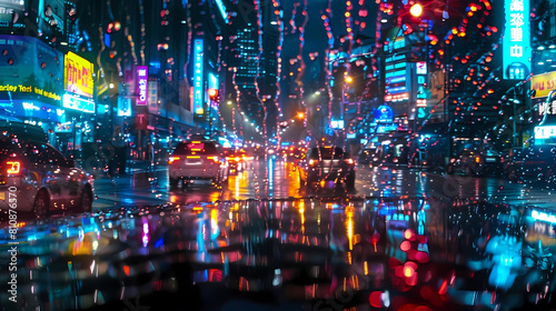 neon glow in urban rainstorms illuminate a cityscape featuring a yellow sign  a white bus  and a tall building