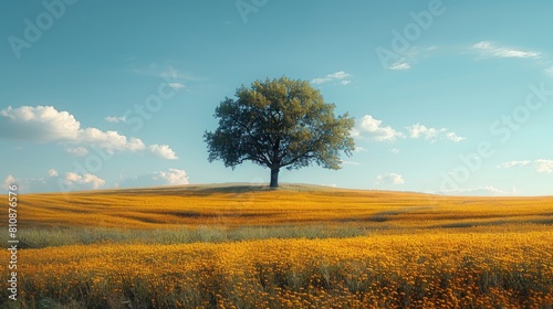 A tree is sitting on top of a lush green hillside.