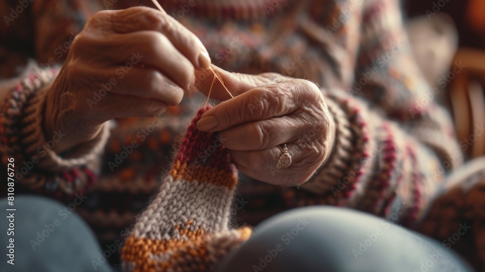 An elderly woman is knitting a sweater. The sweater is striped and has a yellow stripe. The woman is sitting in a chair and is focused on her knitting