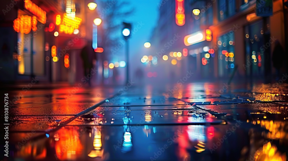 Naklejka premium Street photograph, a nighttime urban scene with triad colors of indigo, chartreuse, and tangerine. Apply a bokeh lens for dreamy lights. Generative AI