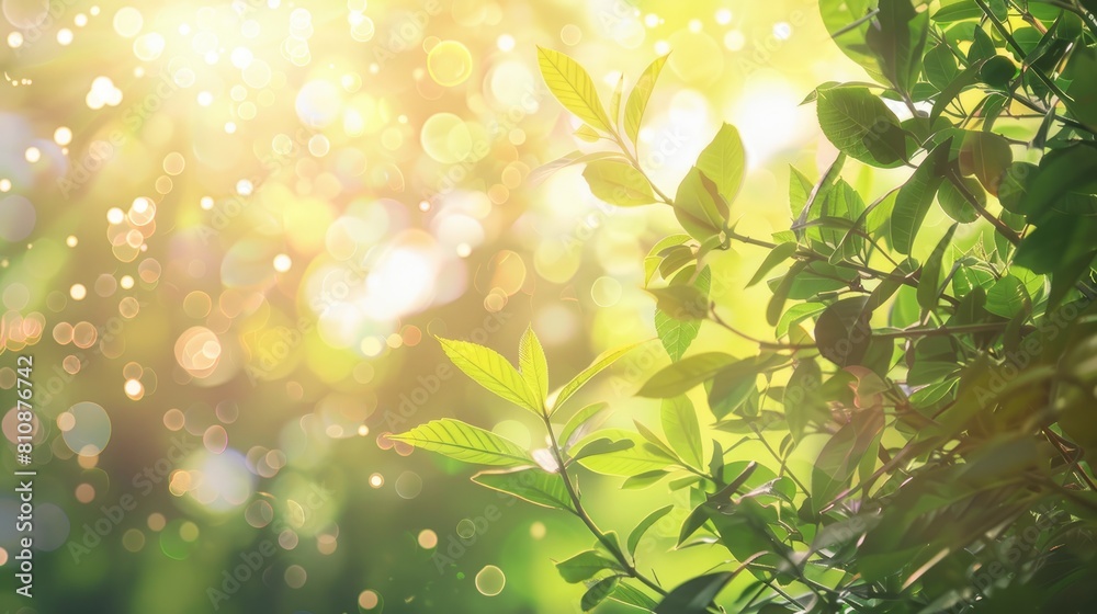 Obraz premium The sky serves as a soft hazy backdrop with the sun casting a radiant glow through the lush greenery of spring creating a beautiful bokeh effect
