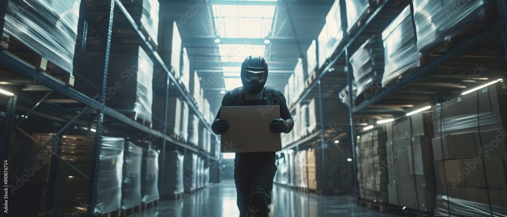 In a futuristic warehouse, a worker wearing a full body powered exoskeleton walks with a heavy cardboard box. The exosuit amplifies human strength. Low angle portrait shot. In a futuristic warehouse, a worker wearing a full body powered exoskeleton walks with a heavy cardboard box. The exosuit amplifies human strength. Low angle portrait shot.