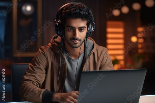 A young man using laptop and headphones in a dark room Fictional Character Created By Generative AI. 