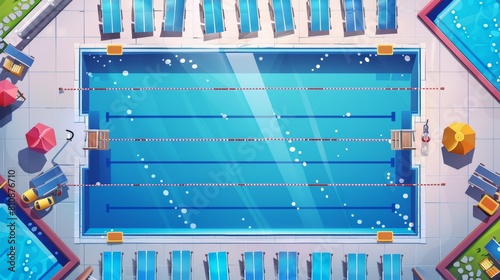 Swimming competition poster with top view of empty pool and blue water with lane markers. Modern illustration of public pool with cartoon illustration.