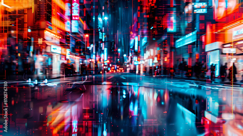 neon light in the night city a cityscape featuring a towering neon sign, a bustling street, and a cluster of buildings in the background