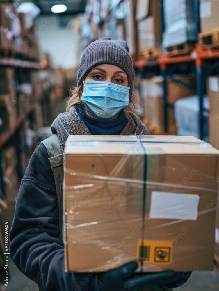 A woman wearing a mask and a hat is holding a cardboard box. The box is wrapped in plastic and has a sticker on it. The woman is in a warehouse or a similar environment