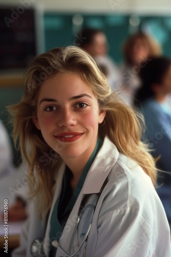 A woman in a white lab coat is smiling at the camera. She is wearing a green shirt underneath her coat