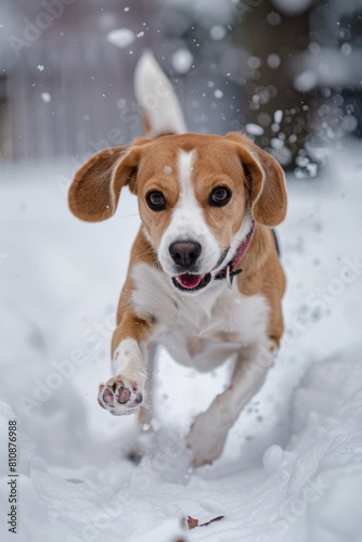 A brown and white dog is running through the snow with its paws in the air. The dog appears to be enjoying itself and is full of energy