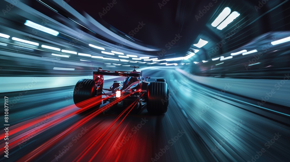Back view of racing car moving at high speed along racetrack with speed. Racing car, propelled by the immense power of engine, hurtles down racetrack with incredible slicing through the air. AIG42.