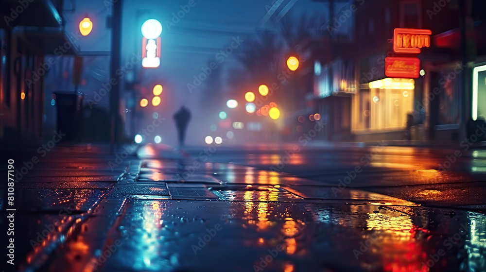 Obraz premium Street photograph, a nighttime urban scene with triad colors of indigo, chartreuse, and tangerine. Apply a bokeh lens for dreamy lights. Generative AI