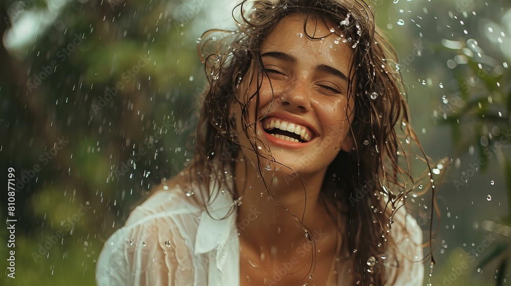 © Charisma Art Studio - Portrait of happy woman laughing in the rain, with white shirt and wet hair, natural lighting