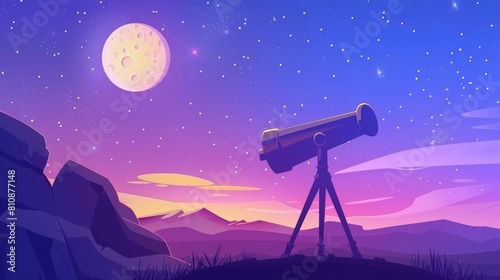 The space exploration cartoon poster shows a telescope on a hill under the starry sky with a moon. A science discovery and astronomy study modern banner. Tools for watching stars and planets in the