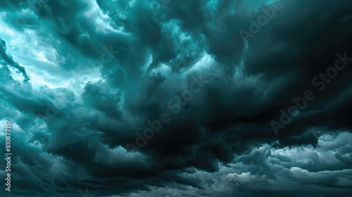 The sky is filled with dark clouds and the atmosphere is gloomy. The clouds are thick and heavy, and the sky is a deep shade of blue. Scene is somber and foreboding, as if a storm is brewing