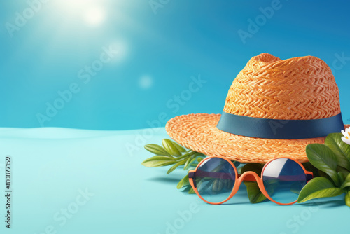 A straw hat and sunglasses are on a blue background. The hat is orange and the sunglasses are orange and black