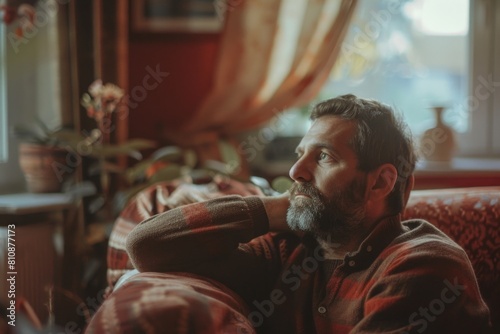 A man with a beard and glasses is sitting on a couch. He is looking at something outside the window