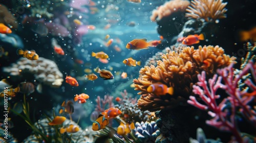 A colorful coral reef with many fish swimming around it. The fish are of various colors  including orange  yellow  and pink. The coral reef is a vibrant and lively scene  showcasing the beauty