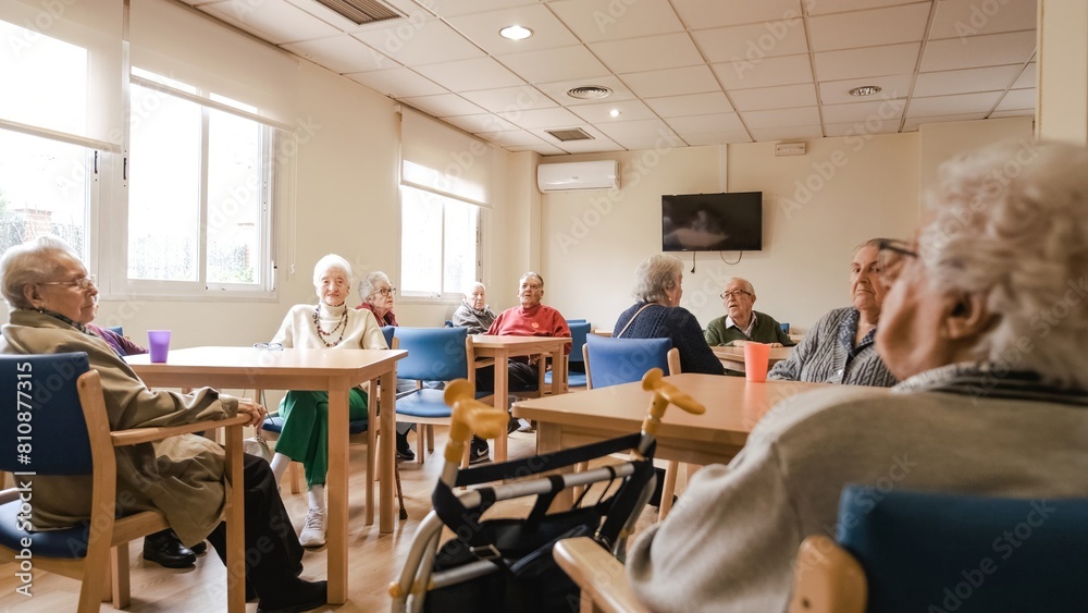 Elderly men and women sitting in nursing home canteen
