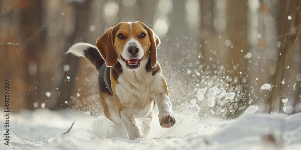 A dog is running through the snow, leaving a trail of paw prints behind it. The dog appears to be enjoying itself and is full of energy
