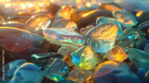closeup of colorful transparent stones on beach at sunset