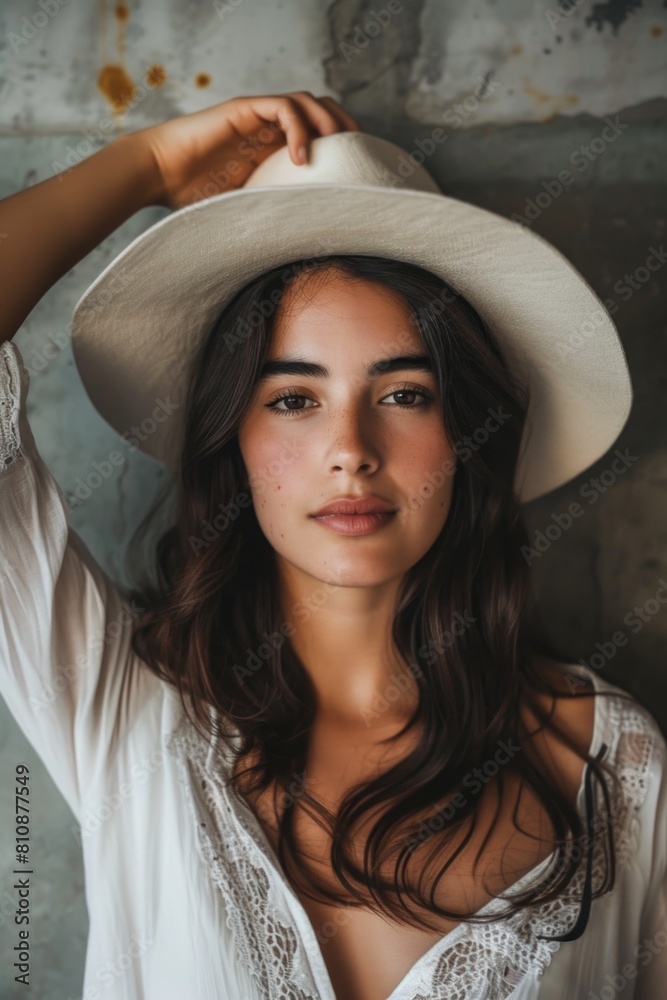 Fototapeta premium A woman wearing a white hat and a white shirt poses for a picture. Concept of elegance and sophistication, as the woman's attire and the hat accentuate her beauty
