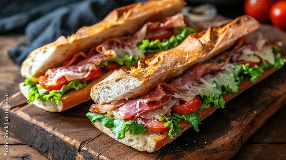 Two sandwiches with ham and lettuce on a wooden board. The sandwiches are cut in half and placed on the board Two sandwiches with ham and lettuce on a wooden board. The sandwiches are cut in half and placed on the board