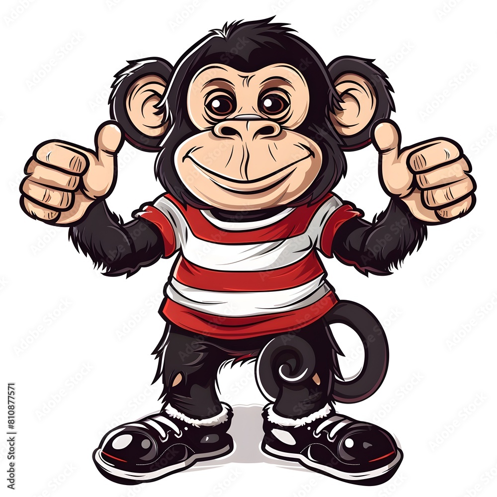 Obraz premium Cute monkey wearing red striped shirt with nice hand symbol