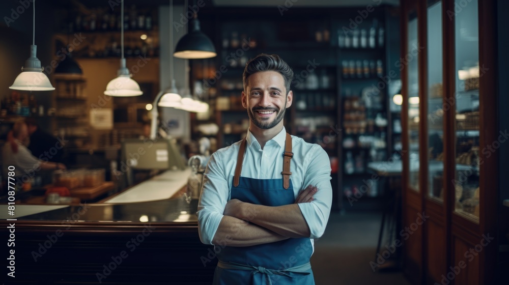 A man in a blue apron stands in a restaurant with a smile on his face. He is wearing an apron and has his arms crossed A man in a blue apron stands in a restaurant with a smile on his face. He is wearing an apron and has his arms crossed