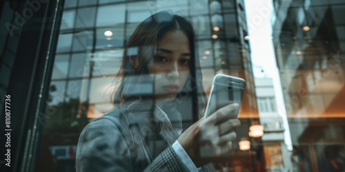 A woman is looking at her cell phone in a window. Concept of isolation and detachment, as the woman is focused on her phone rather than the world around her