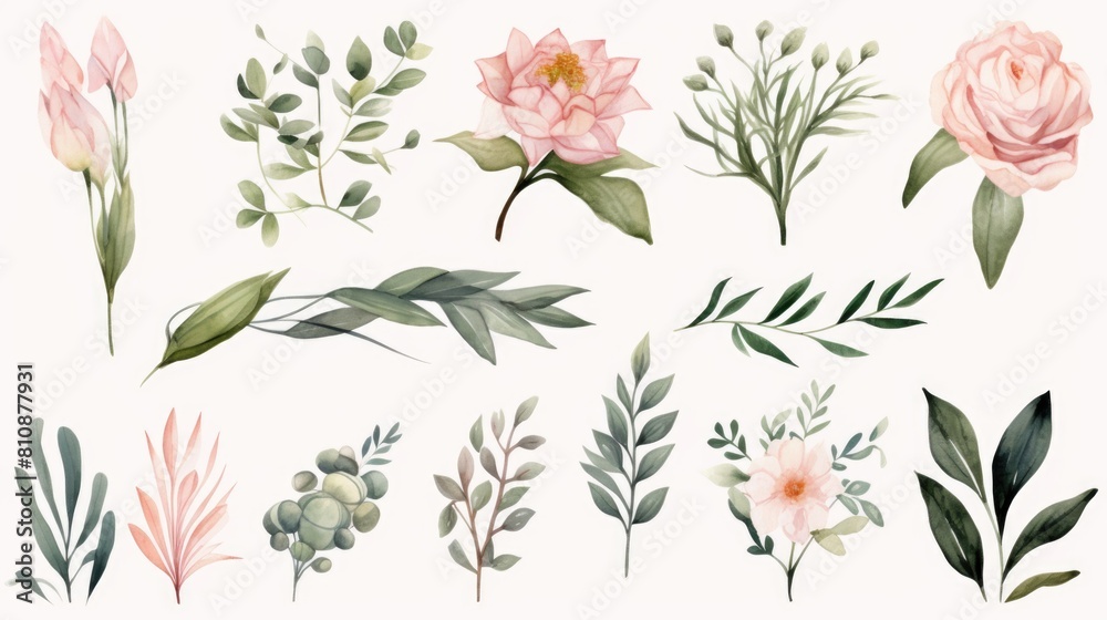 A collection of flowers and leaves in various sizes and shapes. The flowers are pink and green, and the leaves are green. Concept of natural beauty and tranquility A collection of flowers and leaves in various sizes and shapes. The flowers are pink and green, and the leaves are green. Concept of natural beauty and tranquility
