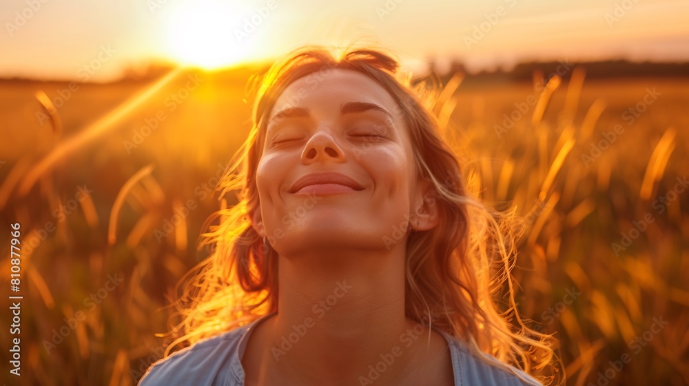 a beautiful woman is breathing fresh air in the flower garden