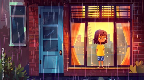 This cartoon illustration is a modern cartoon illustration with an apartment facade and a child inside looking out at the rain outside. This building facade has brick walls and closed glass windows