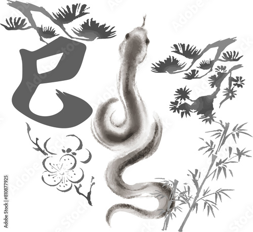 年賀状素材 年賀 2025 巳年 巳 蛇 へび年 墨絵 水墨画 筆 手描き イラスト素材