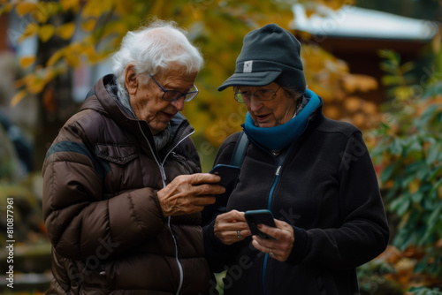 Older Couple Looking at Cell Phone. Generative AI