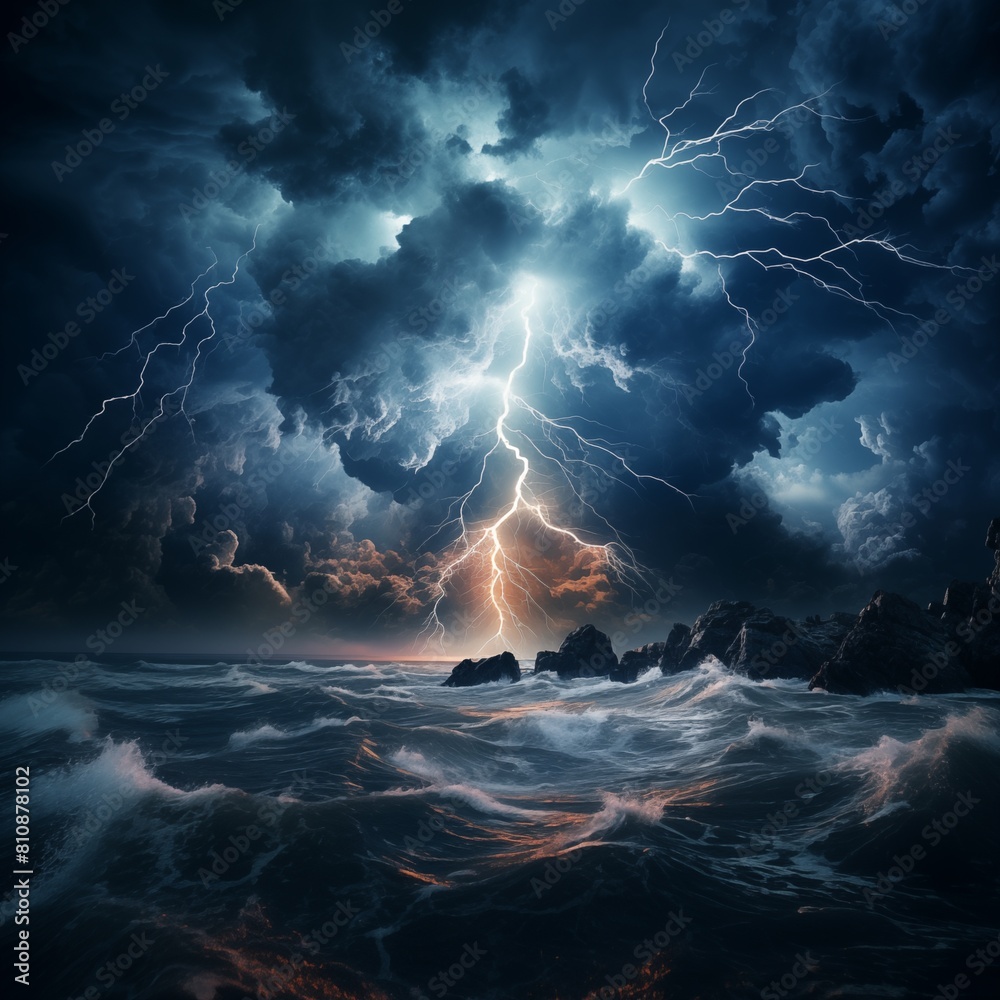 Majestic lightning illuminating the stormy ocean under a dark, cloud-filled sky