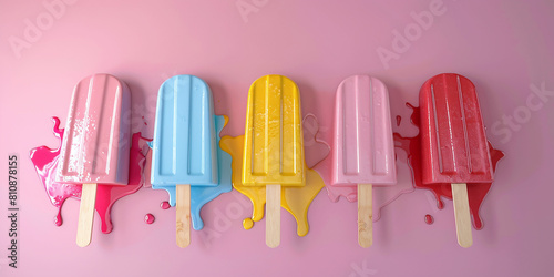 Popsicle ice cream with pastel colors, melting and dripping on the stick. Colorful summer popsicles background for product design or advertising concept of cold healthy food, ice lollies © Oleksandr