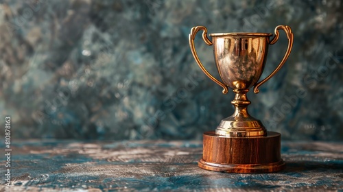 golden trophy cup on dark blue and brown marble background with copy space for text, success and achievement concept