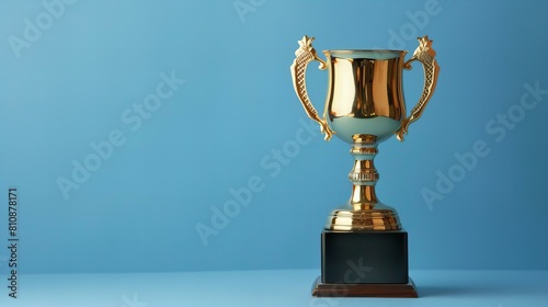 Golden trophy on blue background, copy space, business success and achievement award concept