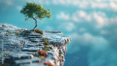 cliff with tree on top, sky background, miniature style, macro photography, copy space, risk taker concept