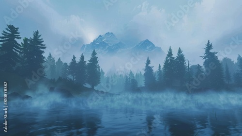 Mountainous landscape with a hazy mist photo