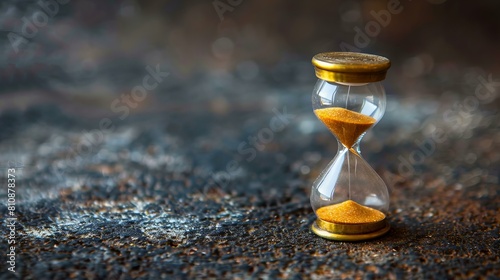 Close up of hourglass with golden sand flowing, on grunge background, copy space, time management concept