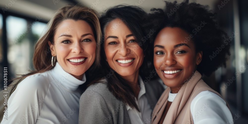 Fototapeta premium Three women smiling for the camera. One is wearing a white shirt, the other two are wearing gray