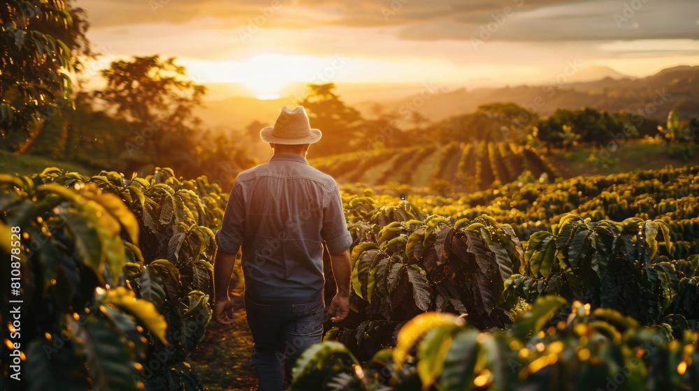 Fototapeta premium A man wearing a hat walks through a field of green plants. The sun is setting in the background, casting a warm glow over the scene. The man is tending to the plants, possibly a farmer or a gardener