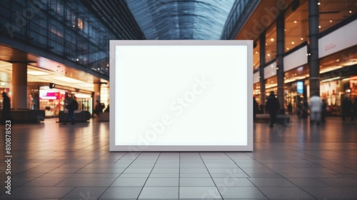 A large white sign is in a shopping mall