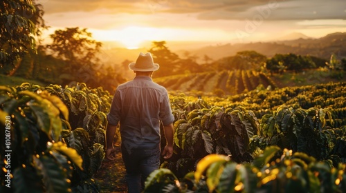 A man wearing a hat walks through a field of green plants. The sun is setting in the background, casting a warm glow over the scene. The man is tending to the plants, possibly a farmer or a gardener © vefimov