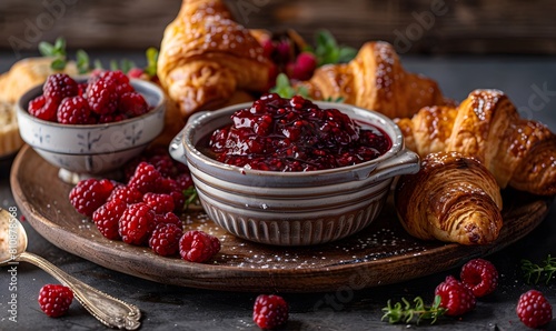 a pot of wild berry jam served alongside a spread of freshly baked scones, muffins, and croissants photo