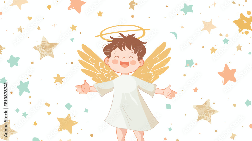 Cute happy angel child with wings halo and stars 